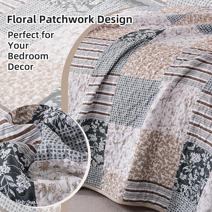 Mybedsoul Patchwork Quilt Set King Size, 3 Pieces Blue Brown Floral Plaid Bedspread Coverlet Set, Reversible Soft Microfiber Bedding Set for All Season, Fall Winter King 90"x104"