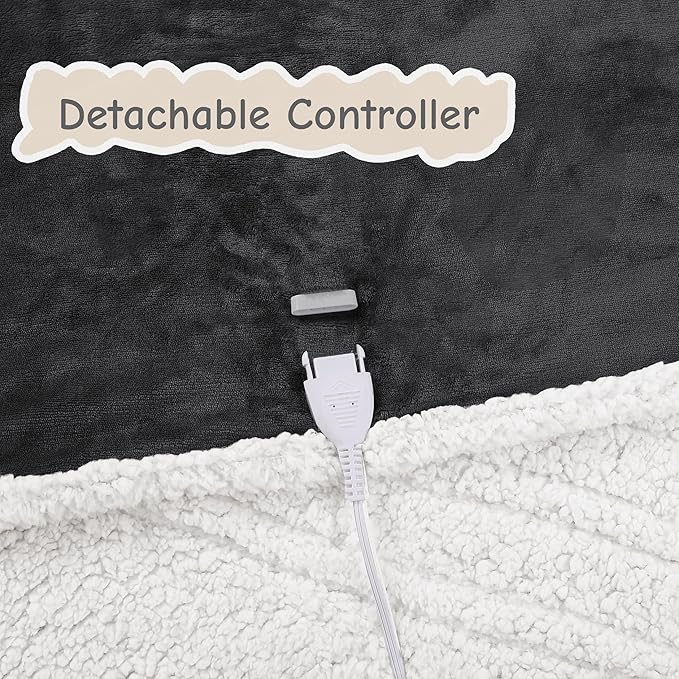 Electric Heated Blanket Queen Size 84"x90", Soft Flannel with Dual Controllers & Overheat Protection, 6 Adjustable Heat Settings & 10-Hour Auto-Off Timer, Fast Heating for Winter Comfort, Dark Gray