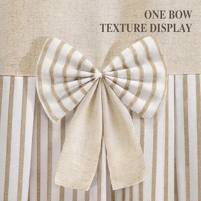 Farmhouse Shower Curtain Linen Beige Bow Woven Fabric Country Rustic Western, Pleated Beige Stripe 72" W x 72" L