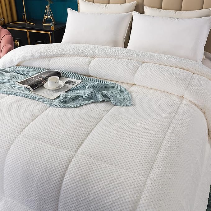 KASENTEX Luxury Plush Sherpa Comforter, Ultra Soft Cozy Reversible Faux Fur Machine Washable Bedding, Bright White, Twin/Twin XL Size