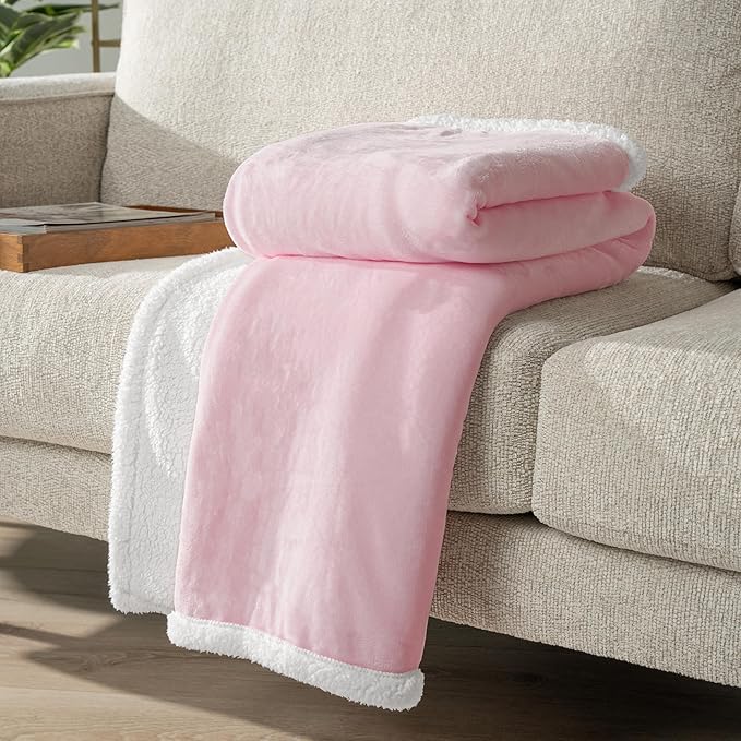 PAVILIA Sherpa Fleece Throw Blanket for Couch, Light Pink, Plush Soft Fuzzy Sofa Blanket, Cozy Reversible Winter Throw for Women Men, 50x60 Inches