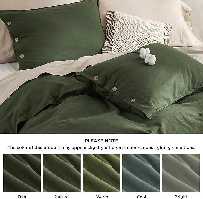 Bedsure Linen Duvet Cover Queen - Linen Cotton Blend Bedding Set, Soft & Cozy, 3 Pieces, 1 Duvet Cover 90x90 Inches and 2 Pillowcases, Olive Green Color Cooling Bedding, Comforter Sold Separately