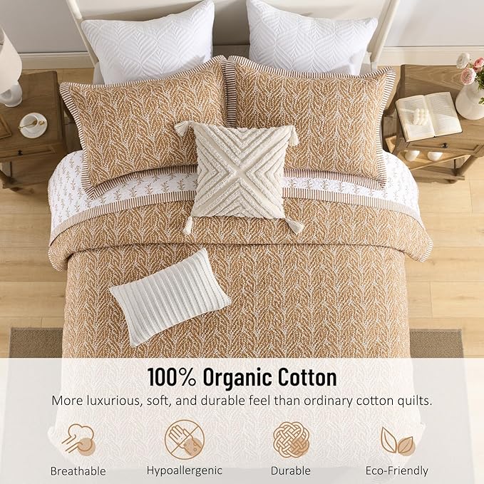 Quilt Set Queen Size - 100% Cotton Orange Flowers Reversible Bedspread Bedding Set, Lightweight 3-Piece Bed Quilts Botanical Pattern Comforter Cover with 2 Pillow Shams, All Season,90x98
