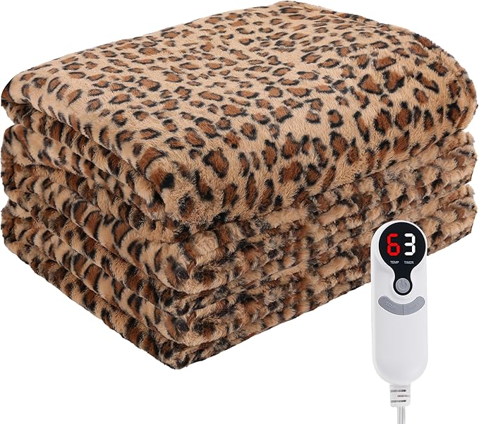 Electric Heated Blanket Throw Size 50" x 60", Super Cozy Soft with 6 Heating Levels & 3 Hours Auto Off, Soft & Comfort, Machine Washable, Home Office Use, Brown Leopard Print