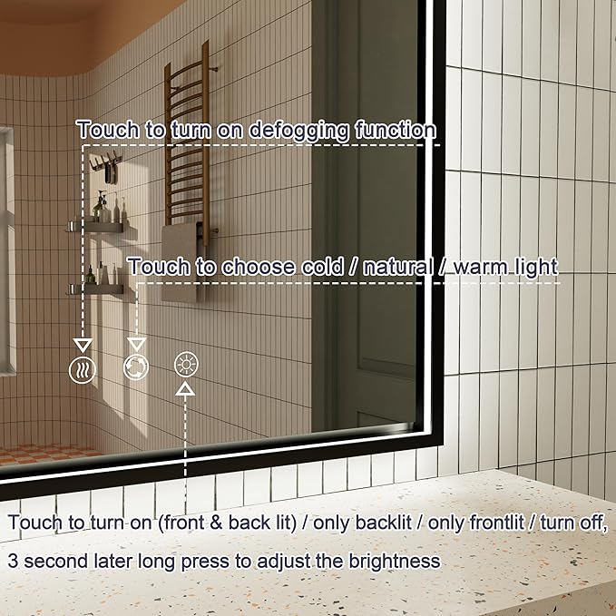 30x36 Inch Black LED Bathroom Mirror with Front and Back Lights, 3000K/4500K/6000K, Wall Mounted Framed Lighted Bathroom Vanity Mirror, Stepless Dimmable, Anti-Fog, Horizontal/Vertical