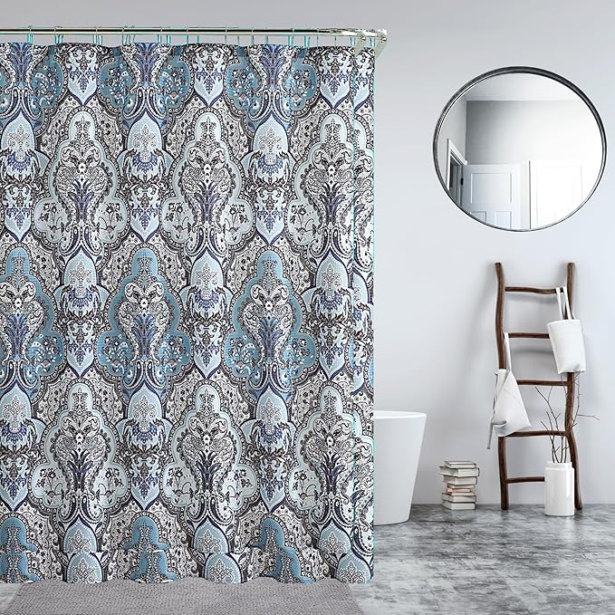 Decorative Blue & Silver Grey Gray Boho Fabric Shower Curtain, Modern Farmhouse for Vintage Rustic Bathroom Decor, Floral Victorian, 72 x 70