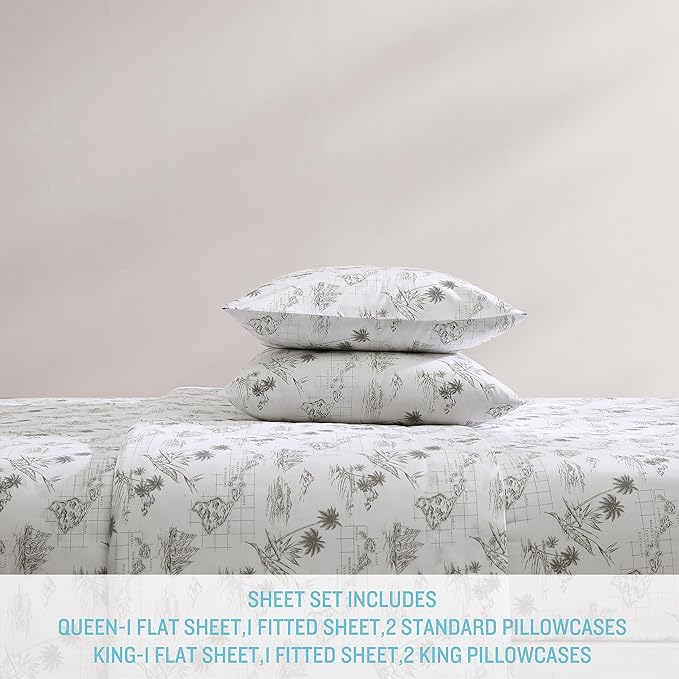 Tommy Bahama - King Sheets, Cotton Percale Bedding Set, Crisp & Cool, Stylish Bedding Set (Vintage Map Brown, King)