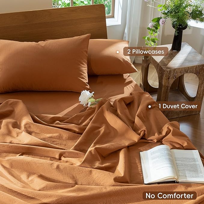 MooMee Bedding Duvet Cover Set 100% Washed Cotton Linen Like Textured Breathable Durable Soft Comfy (Solid Burnt Orange, Super Queen 90"x98")