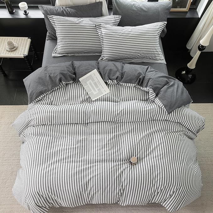 Reversible Duvet Cover Set 100% Washed Cotton Dark Grey Stripe Linen Feel Duvet Cover King Size with Zipper Closure & 2 Pillow Shams,Dark Grey/White Stripe Reverse Solid Dark Grey