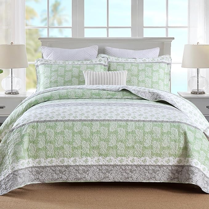 Cotton Quilt King, Sage Green Comforter Set, Green/White/Grey Striped King Bedspread,Farmhouse Quilt Bedding Set, Luxury Lightweight 3 Piece