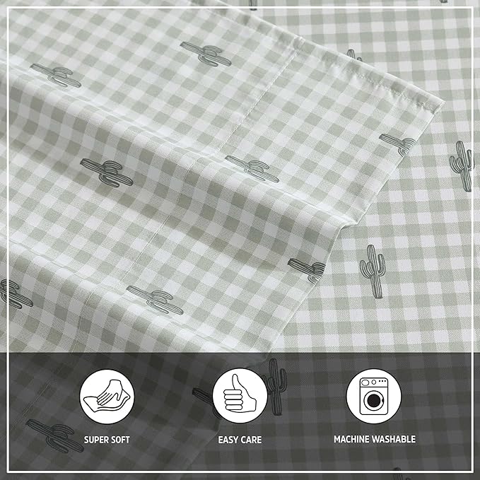 Wrangler - Queen Bed Sheets, Ultra-Soft & Lightweight Bedding with Matching Pillowcases, Lightweight Bed Set for All Season Comfort, Oeko-Tex Certified (Cactus Gingham Green)