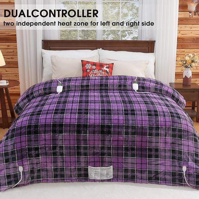 Heated Electric Blanket Queen Size, 84X90 Heating Blanket Queen with Dual Control&10 Heats Levels&Timer for Bed,Purple Plaid Sherpa Soft Blankets Warmer Gift for Grandma Women Adults, Washable