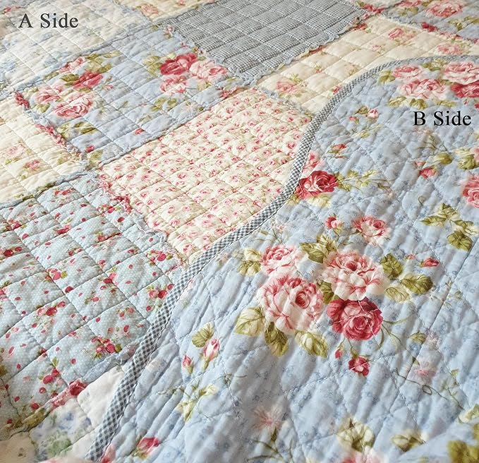 Cozyholy Original 100% Cotton Patchwork Quilt Twin Size Blue Floral Bedspread Coverlet Reversible Vintage Shabby Chic Quilted Throw Blanket Bed Quilt Cover for Couch Sofa