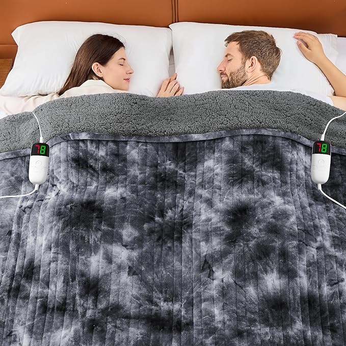 greenoak Heated Electric Blanket Throw, Faux Fur Sherpa Heating Blanket for Sofa Bed, Warm Winter Gift for Dad/Grandma, Heater Lap Blankets 5-Position Timer &10 Heating Levels 84''*90" Marble Grey
