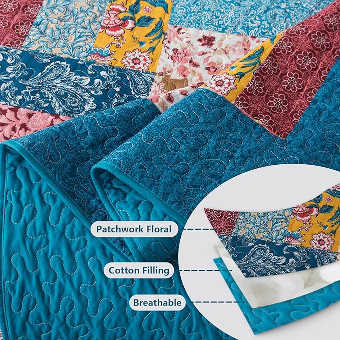BEDIFANY Cotton California King Quilt Set - Farmhouse Bedspread with Vibrant Floral Pattern, 3-Piece Lightweight Oversized King Size Coverlet (108x118 Inch), All Seasons Multicolor Quilt Bedding Set