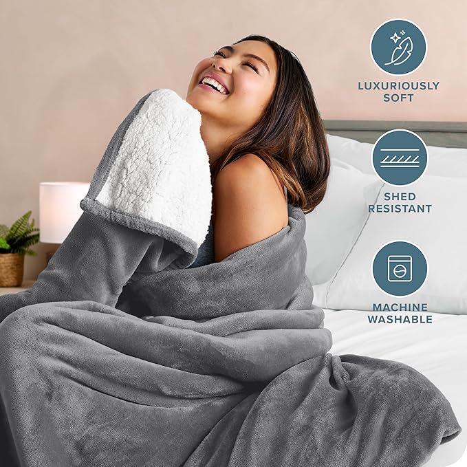 Bare Home Sherpa Fleece Blanket - Twin/Twin Extra Long - Blanket for Bed, Sofa, and Couch - Warm & Lightweight - Fluffy & Soft - Reversible (Twin/Twin XL, Grey)