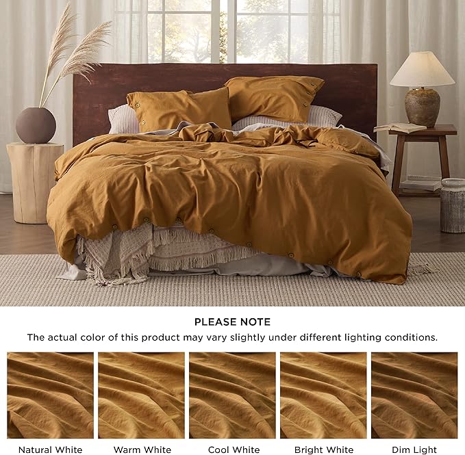 Bedsure Linen Duvet Cover King Size - Linen Cotton Blend Bedding Set, Soft & Cozy, 3 Pieces, 1 Duvet Cover 104x90 and 2 Pillowcases, Pumpkin Yellow Color Cooling Bedding, Comforter Sold Separately