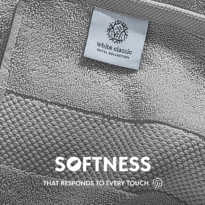 White Classic Light Grey Luxury Cotton Washcloths 12 Pc Set - Large 13x13 Inches Hotel Style Face Towel, High Absorbent Quick Dry Wash Cloths for Home, Spa, Gym, Light Grey, 12 Pack