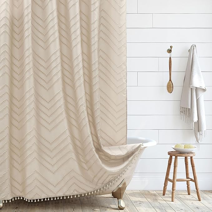 Farmhouse Boho Shower Curtain, Woven Fabric Beige Long, 72 x 78, Tufted Chevron Striped Modern Chic Textured Minimalist Bathroom Shower Curtain