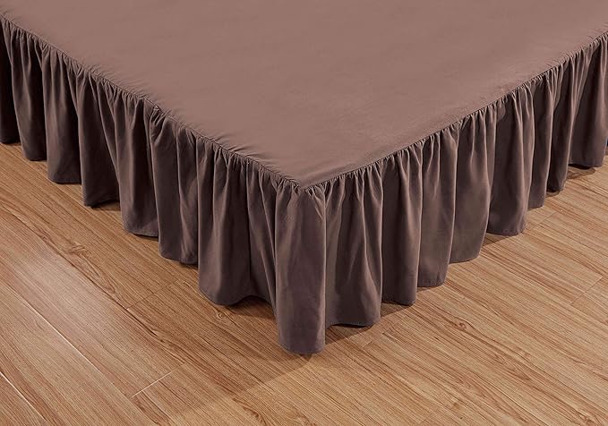 Sheets & Beyond Wrap Around Solid Microfiber Luxury Hotel Quality Fabric Bedroom Gathered Ruffled Bedding Bed Skirt 14 Inch Drop (Queen, Brown)