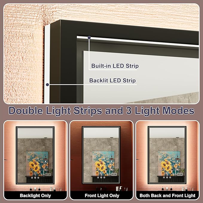 LED Bathroom Mirror with Front and Back Lighting, 3 Color Temp, Dimmable, Anti-Fog, Black Aluminum Frame Wall Mounted Lighted Bathroom Vanity Mirror