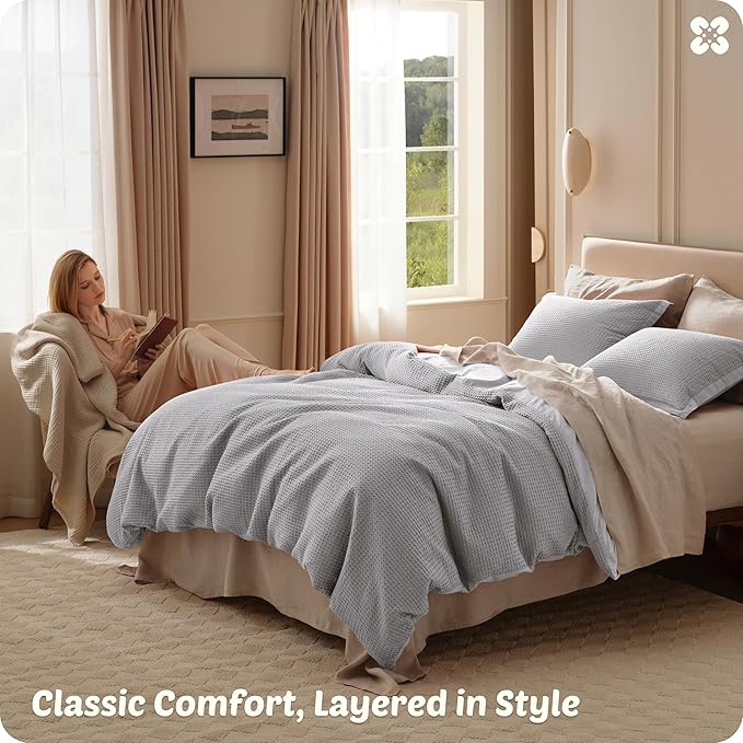 Bedsure Cotton Duvet Cover Queen - 100% Cotton Waffle Weave Grey Duvet Cover Queen Size, GentleSoft™ and Breathable Bedding Set for All Season, 3 Pieces, 90"x90"