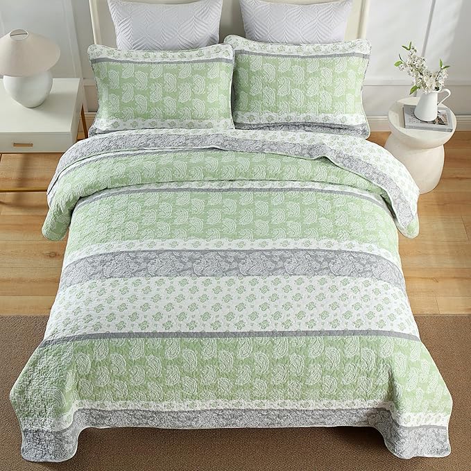 Quilts Queen Size, Cotton Comforter Set, Sage Green Bedding Queen Size, Farmhouse Striped Bedspreads, Lightweight All Seasons 3 Piece