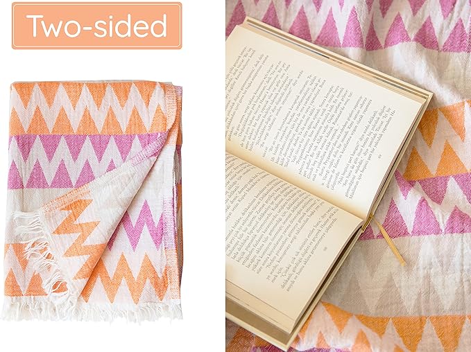 Turkish Beach Towel (35”x67”) – 100% Cotton Quick Dry, Lightweight Oversized Beach Towel for Pool & Travel – Zig Zag Orange Color