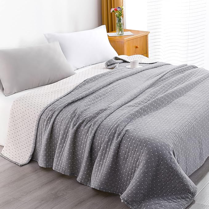 NTBAY 3 Layers Cotton Muslin 68x92 Twin Bed Blanket, Super Soft Breathable Thermal Yarn Dyed Quilt for Adults, Perfect Lightweight Blanket for Couch Sofa Bed All Seasons, Grey Dot