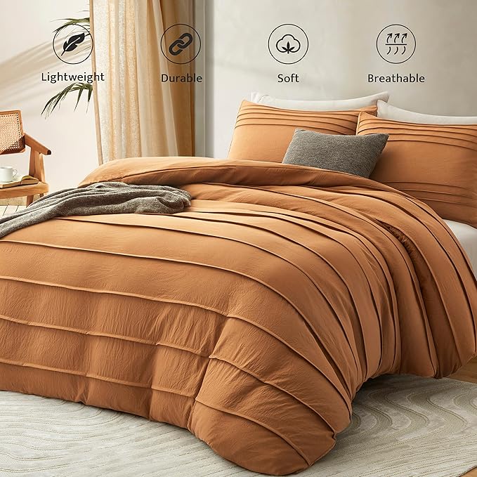Oli Anderson Pumpkin Brown Duvet Cover Queen Size - Pleated Queen Duvet Cover, 3PCS Soft and Breathable Textured Bedding Set with Zipper Closure(Pumpkin Brown,90"x90")