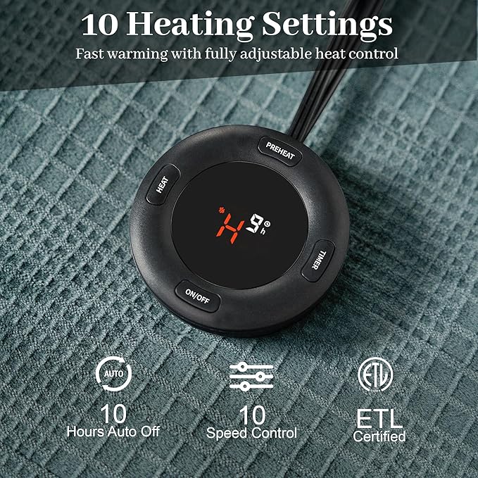Electric Blanket Queen Size 84''X90'' - Heated Blanket with Dual Control Fast Heating 10 Heating Levels & 10 Hours Auto Off,ETL Certified Machine Washable (Green)