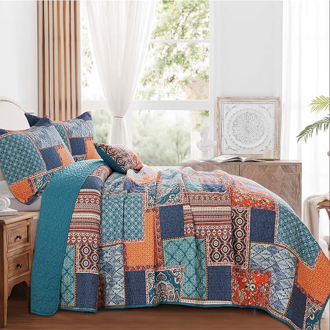 BEDIFANY 3 Pieces Cotton King Size Quilt Sets, Lightweight Bedspread King Size Soft Farmhouse King Quilt Bedding Sets for Bed Decorations for All Seasons,Orange