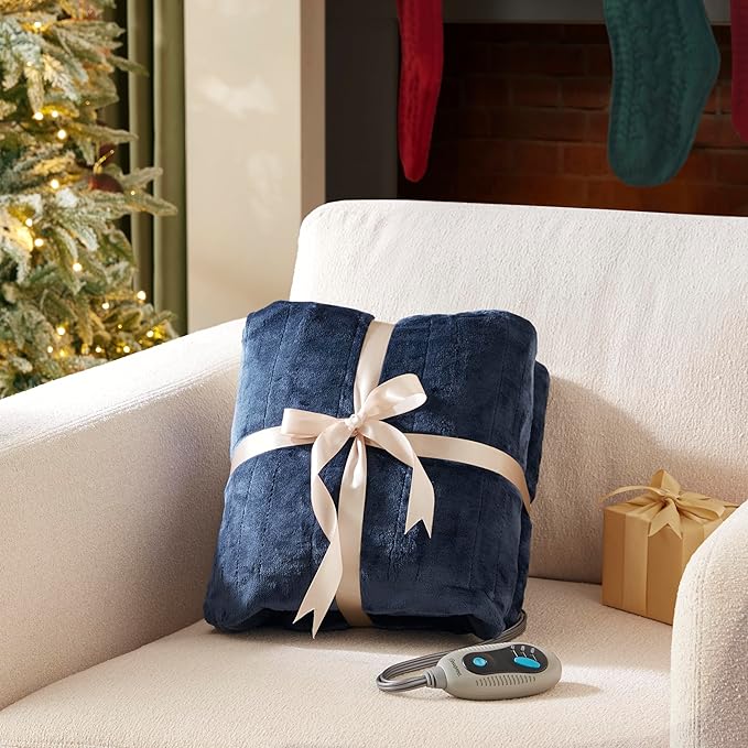 Beautyrest Auto Shut Off, Virtually Zero EMF, Multi Heat Setting, UL Certified, Machine Washable Reversible Microlight to Sherpa Electric Blanket, Full, Indigo
