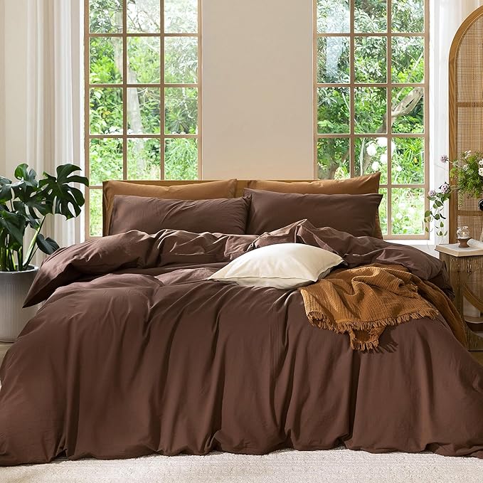 MooMee Bedding Duvet Cover Set 100% Washed Cotton Linen Like Textured Breathable Durable Soft Comfy (Solid Cocoa Brown, Oversized Queen 98"x98")
