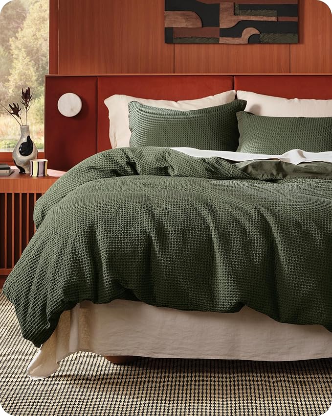 Bedsure Cotton Duvet Cover Set - 100% Cotton Waffle Weave Olive Green Duvet Cover Oversized Queen Size, GentleSoft™ and Breathable Bedding Set for All Season, 3 Pieces, 98"x98"
