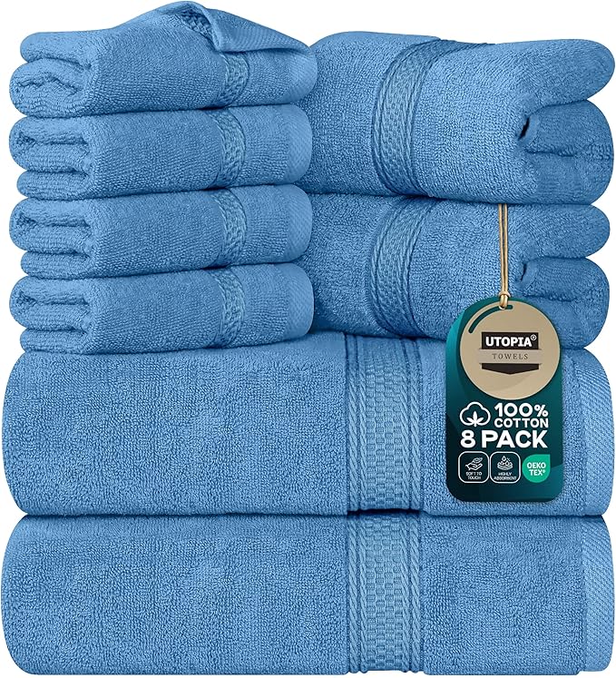 Utopia Towels 8 Piece Premium Towel Set, 2 Bath, 2 Hand, and 4 Wash Cloths, 600 GSM 100% Ring Spun Cotton, Highly Absorbent Towels for Bathroom, Gym, Hotel, and Spa, Electric Blue