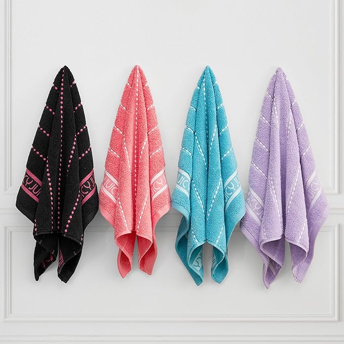 Juicy Couture Luxurious Plush Stripe 6-Piece Set - Pink Coral 100% Cotton Bath Towel Set - Soft and Stylish for Ultimate Comfort and Elegance