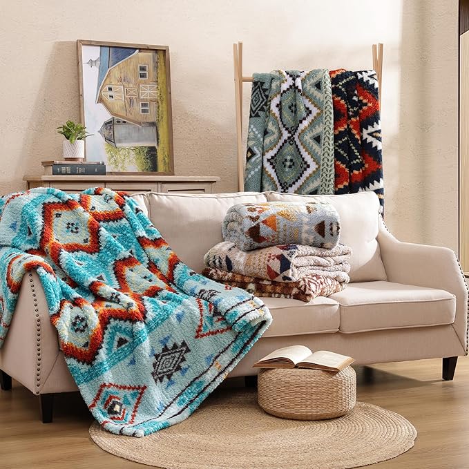 CASAAGUSTO Boho Sherpa Throw Blanket, Aztec Queen Blanket, Ultra Soft, Warm, Cozy, Plush, Thick Fleece Bohemian Throw Blanket for Couch, Bed, Sofa (Aqua 90 * 90 Inch)