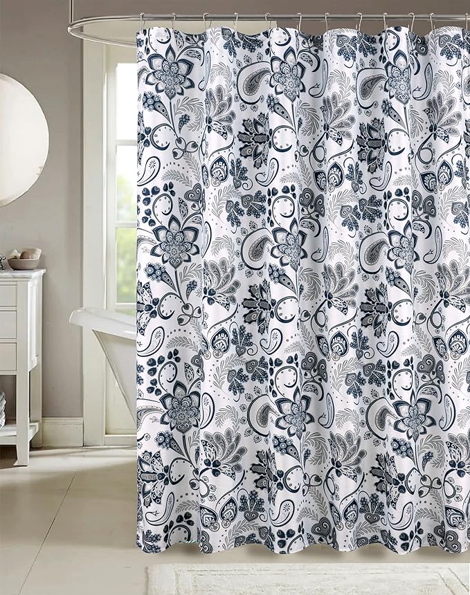 Serafina Home Hotel Quality Navy Gray Grey Fabric Bathroom Shower Curtain: Paisley Floral Leaf Damask Design on White (72 x 70 inches)
