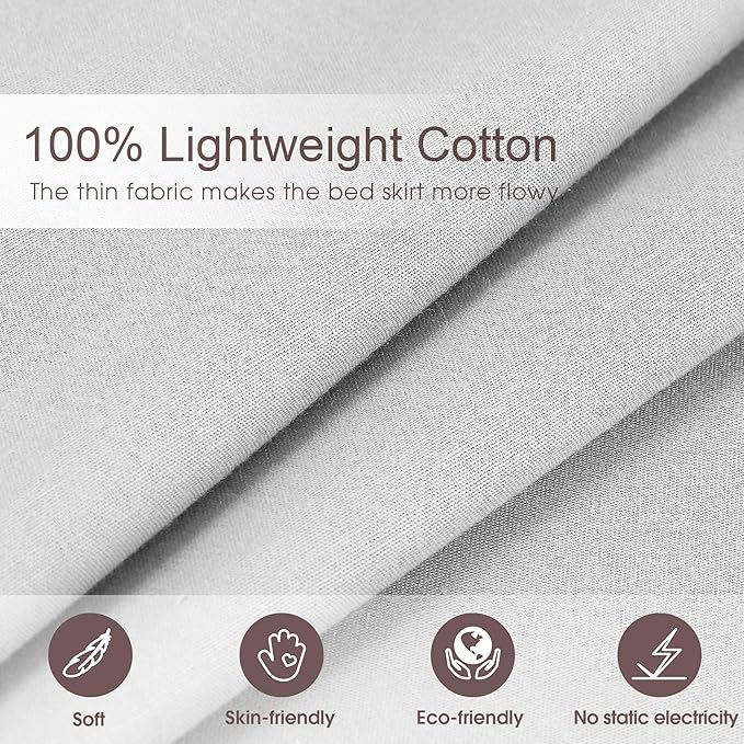 Queen Size 18 inch Drop Light Grey Dust Ruffle, Crochet Edge Lace, Lightweight 100% Cotton, French Coutry Style Ruffled Bed Skirt with Split Corners
