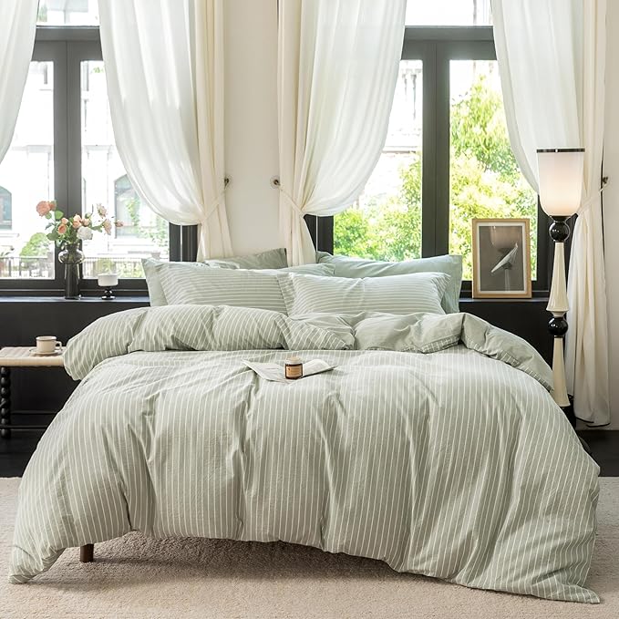 Reversible Duvet Cover Set 100% Washed Cotton Green Stripe Linen Feel Duvet Cover King Size with Zipper Closure & 2 Pillow Shams,Celadon Green/White Stripe Reverse Solid Celadon Green