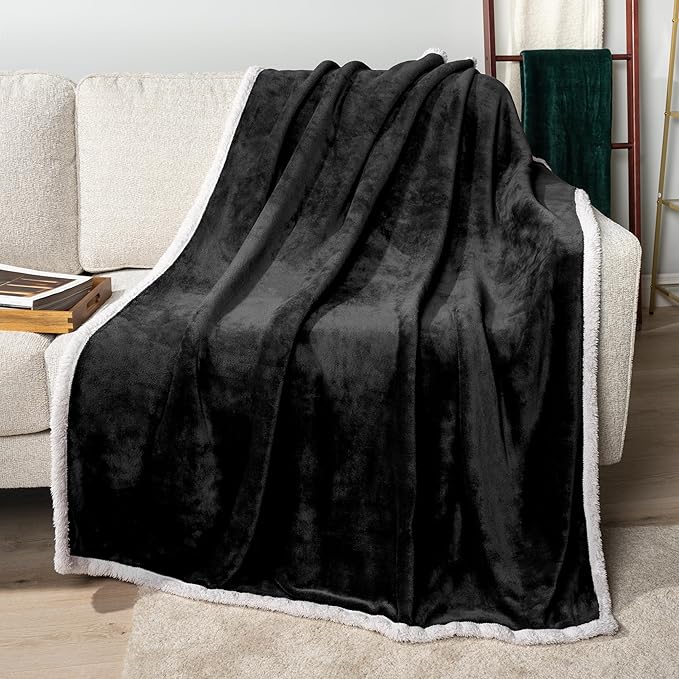 PAVILIA Sherpa Fleece Throw Blanket for Couch, Black, Plush Soft Fuzzy Sofa Blanket, Cozy Reversible Winter Throw for Women Men, 50x60 Inches