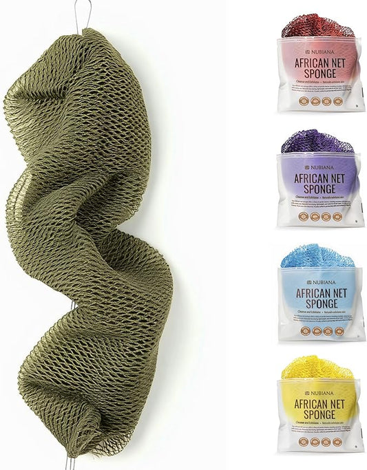 Nubiana African Net Sponge Authentic - 45 Inch Exfoliating Body Sponge from Nigeria - Natural Bath Sponge for Smooth Soft Skin - Long Lasting Quick-Drying - Single Pack (Olive Green)
