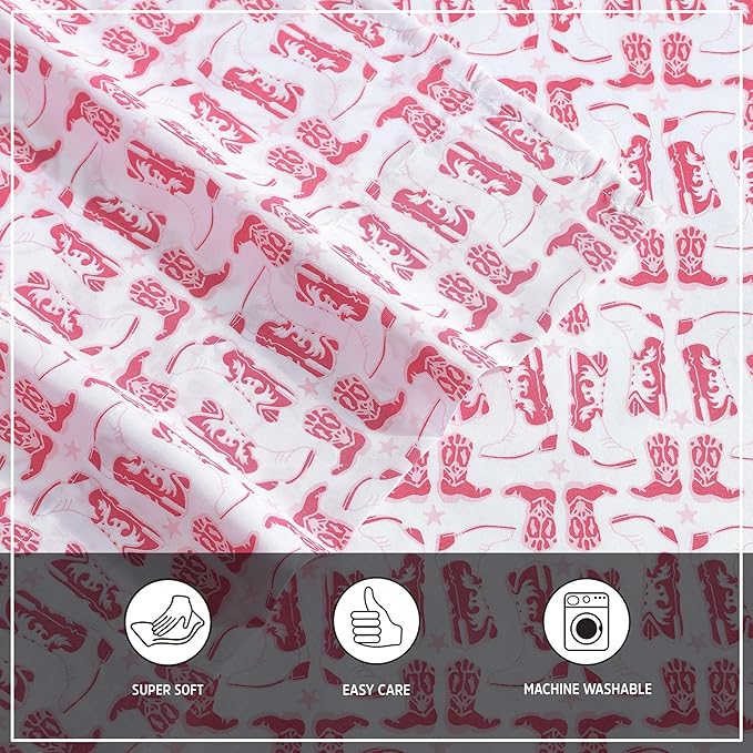 Wrangler - Full Bed Sheets, Ultra-Soft & Lightweight Bedding with Matching Pillowcases, Lightweight Bed Set for All Season Comfort, Oeko-Tex Certified (Knockin Boots Pink)