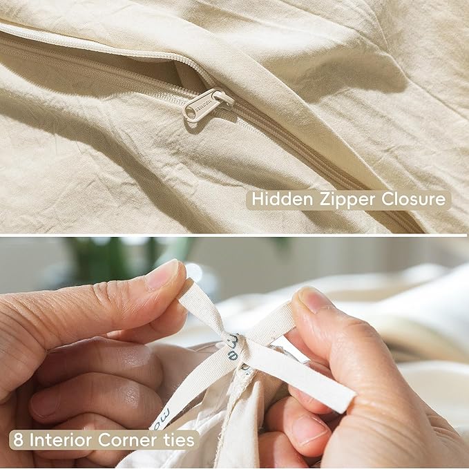 MooMee Bedding Duvet Cover Set 100% Washed Cotton Linen Like Textured Breathable Durable Soft Comfy (Heathered Almond Milk Grey, Queen 90"x90")