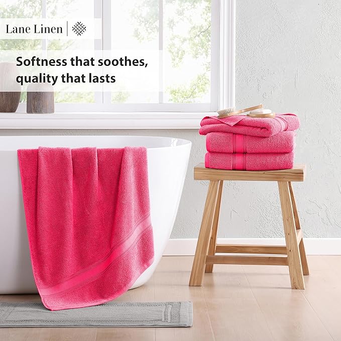 LANE LINEN 12 Pc Bath Towels Set – Ultra Soft 100% Mercerized Cotton, 4 Bath, 4 Hand Towel & 4 Wash Cloth, Zero Twist, Quick-Dry, Long-Lasting Comfort & Hotel Quality, Machine Washable – Fuchsia