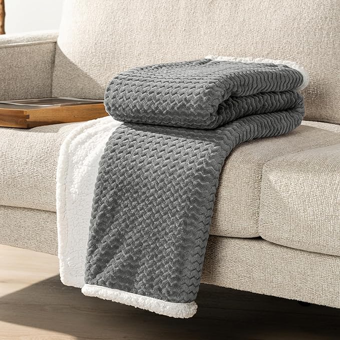 PAVILIA Dark Gray Twin Bed Blanket Reversible Sherpa Chevron, Soft Cozy Jacquard Weave Textured Throw Sofa Couch, Thick Warm Large Fleece Car Blanket, Decorative Plush Home Decor Gift, 60x80 Dark Grey