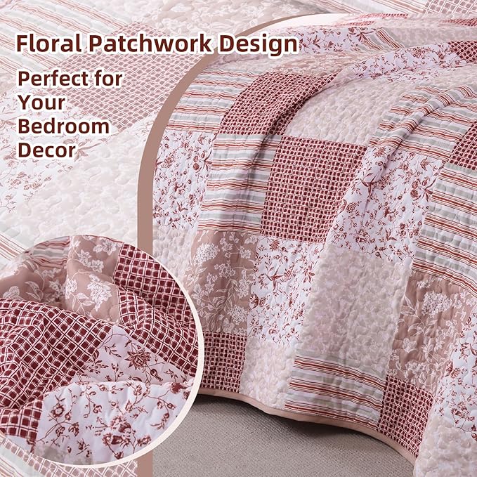 Mybedsoul Patchwork Quilt Set Queen Size, 3 Pieces Pink Floral Plaid Bedspread Coverlet Set, Reversible Soft Microfiber Bedding Set for All Season, Fall Winter Queen 90"x96"