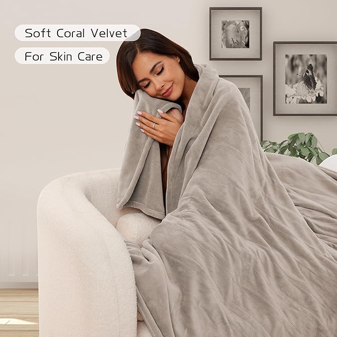 Electric Heated Blanket 84"x90" Queen Size, Soft Coral Fleece, Dual Controllers with 4 Heating Levels and 10 Hours Auto-Off, Machine Washable, Cozy Plush Fabric for Home, Light Brown