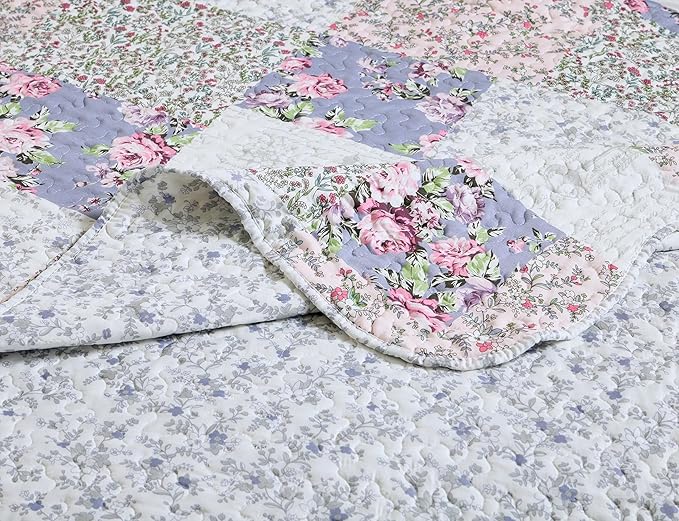 Brilliant Sunshine Roses Toile Quilt Set, 2-Piece Bedding Sets, Traditional Lively Patchwork Design, Washable and Reversible Bedspread, Soft Lightweight Coverlet, All-Season, Twin/Twin XL, Blue Pink